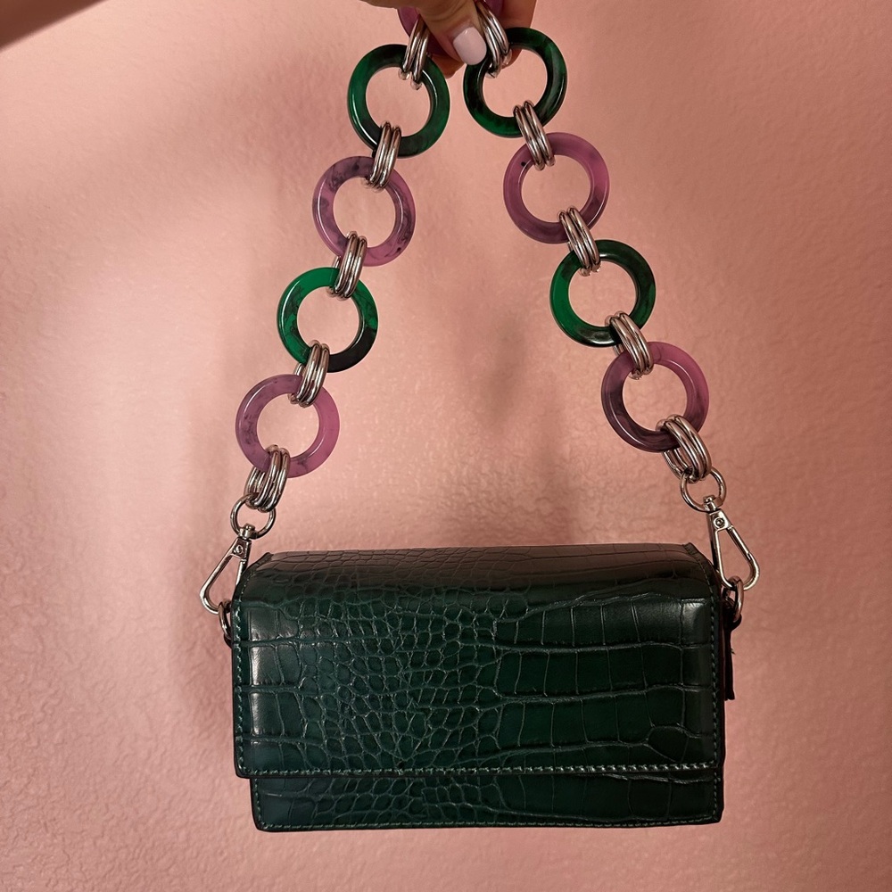 ASOS Dark Green Croc-Embossed Clutch with Pink and Green Chain